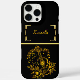Goldene Gitarre mit Musikhinweisen und Blume iPhone 16 Pro Max Hülle