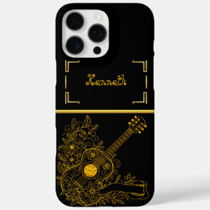 Goldene Gitarrenkunst mit Blumen-Design-Elementen iPhone 16 Pro Max Hülle