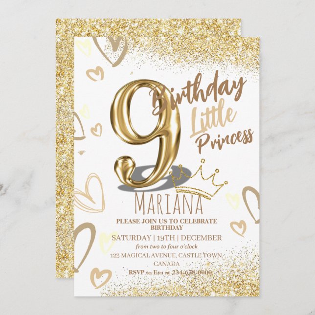 Goldene Glamour-Girl Party zum 9. Geburtstag Einladung (Vorne/Hinten)