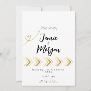 Goldene glänzende Herzpfeil Weiße Hochzeitseinladu Einladung