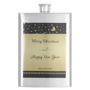 Goldene glänzende Weihnachtssterne, Pfoten auf Gol Flachmann