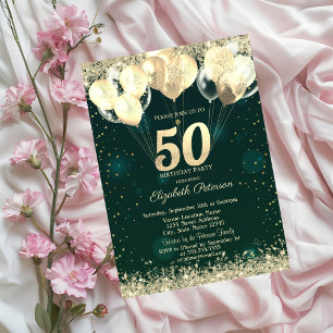 Goldene Glitter Konfetti Ballons Grün 50. Geburtst Einladung