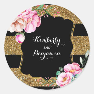 Goldene Glitterstreifen und rosa Blumen im vintage Runder Aufkleber