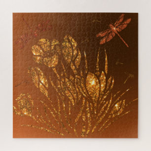 Goldene Glitzer Blume und Libellen Puzzle