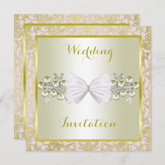 Goldene Glitzer, Diamantfloralbeizen und Bow-Hochz Einladung (Vorne/Hinten)