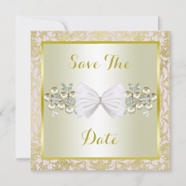 Goldene Glitzer, Diamantfloralbeizen und Bow-Hochz Save The Date (Vorderseite)