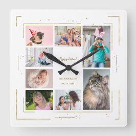 Goldene Glitzer Familienfoto Collage Happy Oaster Quadratische Wanduhr