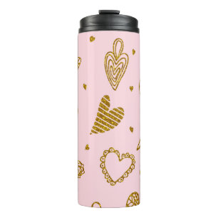 Goldene Glitzer-Herzen: rosa Hintergrundmuster Thermosbecher