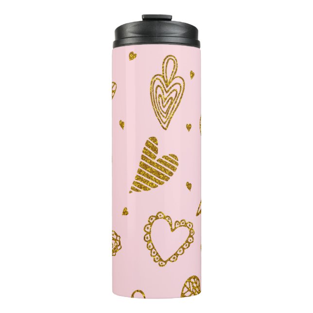 Goldene Glitzer-Herzen: rosa Hintergrundmuster Thermosbecher (Vorderseite)