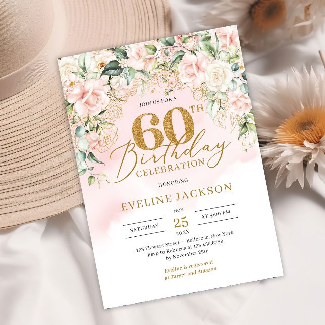 Goldene Glitzer Nummer Weichrosa Rosen 60. Geburts Einladung (Watercolor blush pink roses eucalyptus and gold 60th birthday invitation digital)
