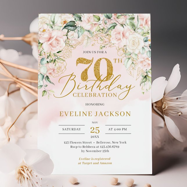 Goldene Glitzer Nummer Weichrosa Rosen 70. Geburts Einladung (Chic elegant soft pink roses greenery and gold 70th birthday invitation digital)