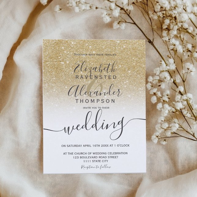 Goldene Glitzer Ober-Songskript-Hochzeit Einladung (gold glitter ombre white script chic wedding invitation)