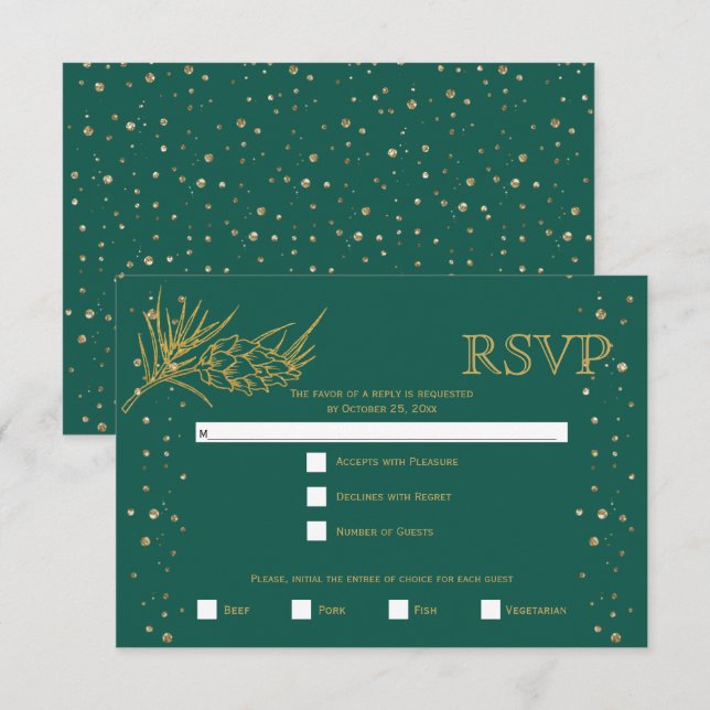 Goldene Glitzer Pine Evergreen Winterhochzeit RSVP Karte (Vorne/Hinten)