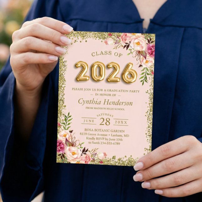 Goldene Glitzer Rosa Blumenballons 2023 Abschluss Einladung (Von Creator hochgeladen)