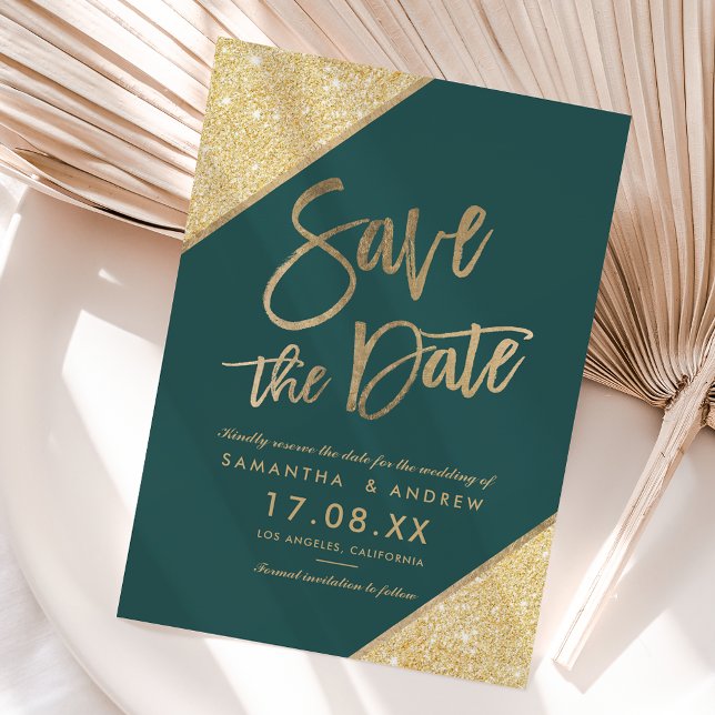 Goldene Glitzer-Schrift Save the Date grün (Von Creator hochgeladen)