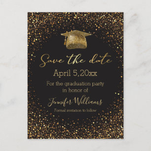 Goldene Glitzer Schwarzer Abschluss Save the Date Ankündigungspostkarte