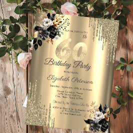 Goldene Glitzer Tropfen Schwarze Rose 60. Geburtst Einladung