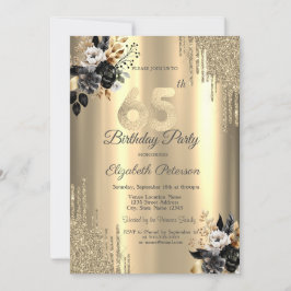 Goldene Glitzer Tropfen Schwarze Rose 65. Geburtst Einladung