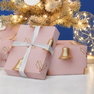 Goldene Glocke und Stechpalmen-Rosa Feiertags-Gesc Geschenkpapier