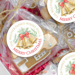 Goldene Glocken Aquarellenbogen Frohe Weihnachten Runder Aufkleber