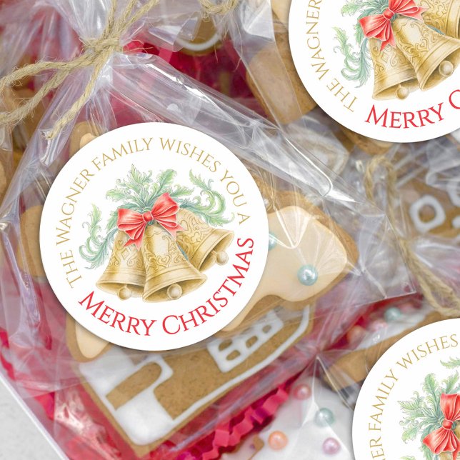 Goldene Glocken Aquarellenbogen Frohe Weihnachten Runder Aufkleber (Von Creator hochgeladen)