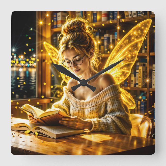 Goldene goldene Flügel gemütliche Bibliothek Quadratische Wanduhr (Vorderseite)