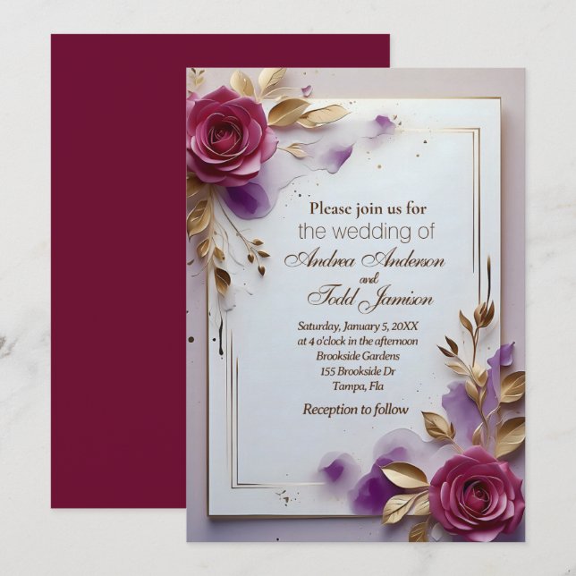 Goldene Goldrahmverheiratung mit tiefrosa Rosen Einladung (Vorne/Hinten)