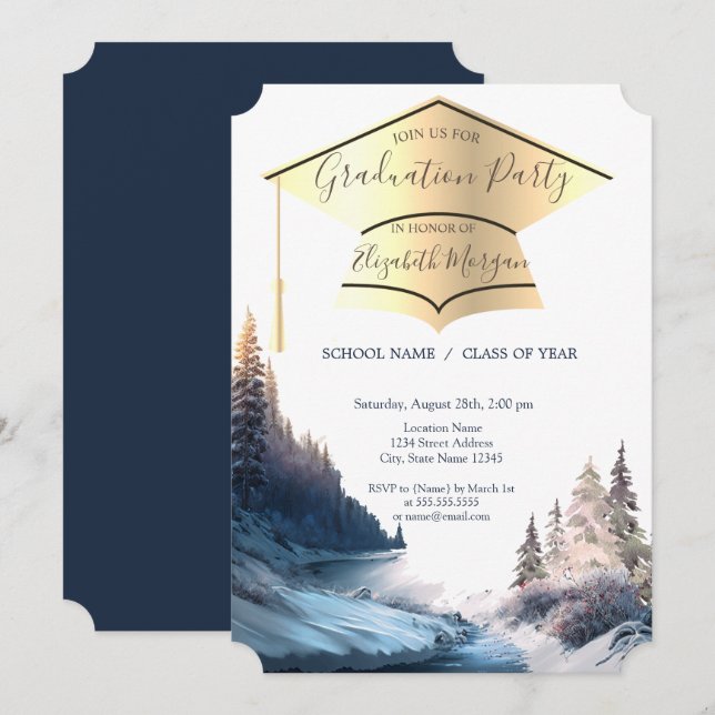 Goldene Graduationskappe, Landschaft, Abschluss de Einladung (Vorne/Hinten)