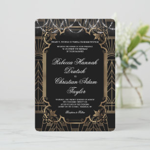 Goldene Great Gatsby Schwarze Art Deco 1920er Hoch Einladung