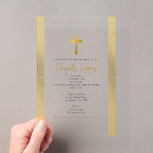 Goldene griechische Schlüssel-Orthodoxie-Taufe Acryleinladungen