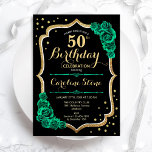 Goldene grüne Rose 50. Geburtstag Einladung<br><div class="desc">50. Geburtstagsfeier Einladung. Elegantes florales smaragdgrünes Design mit Imitaten Glitzer Gold,  Rose und Skript-Schriftart. Ideal für eine stilvolle Damenfeier. Kann für jedes Alter angepasst werden! Gedruckte Zazzle Einladungen oder Sofortdownload digitalen druckbaren Vorlage.</div>