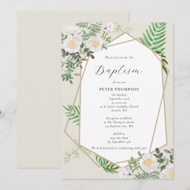 Goldene Grüne Weiße Rosen Taufe Einladung (Vorne/Hinten)