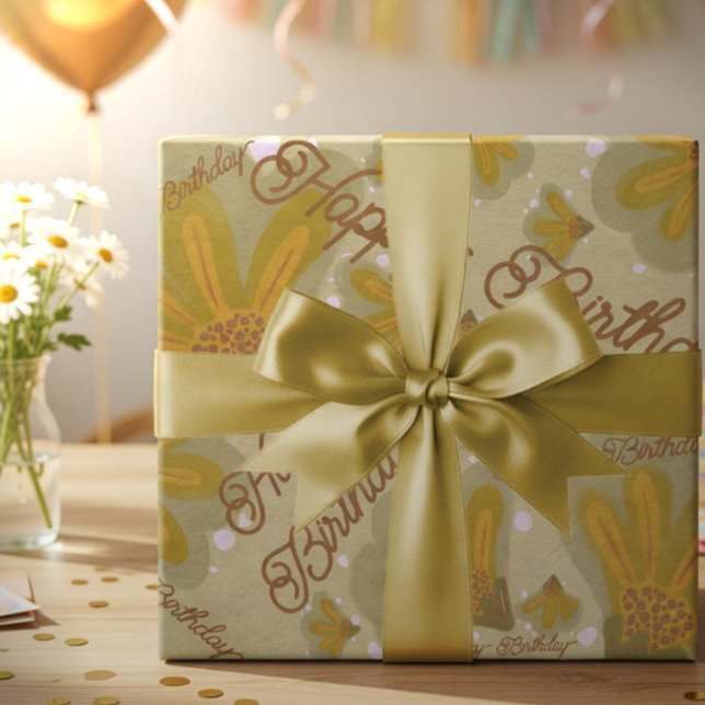 Goldene handgemalte Blumen Geschenkpapier Set (Flowers, fun, and a birthday twist. Bright blooms with customizable text, all hand drawn for you.)