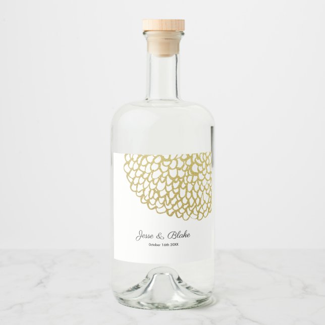 Goldene handgezeichnet Petal-Pattern-Hochzeit Alkoholflaschenetikett (Vorderseite)