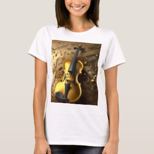 Goldene Harmonie: Vintage Geige auf schimmernden N T-Shirt