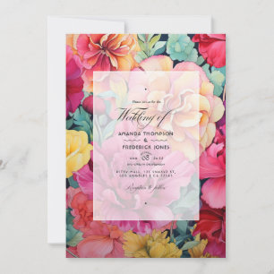 Goldene, heißrosa und grüne florale Hochzeit Einladung
