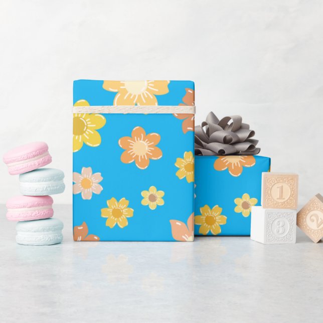 Goldene Herbst-Blume Blauer nahtloser Fall Geburts Geschenkpapier (Babyparty)