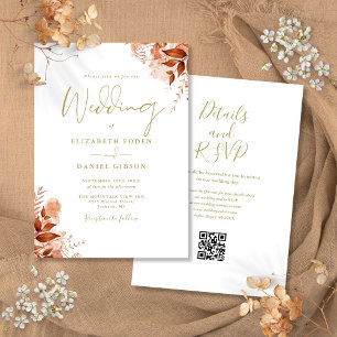 Goldene Herbst-Blumen-QR-Code-Hochzeit Einladung