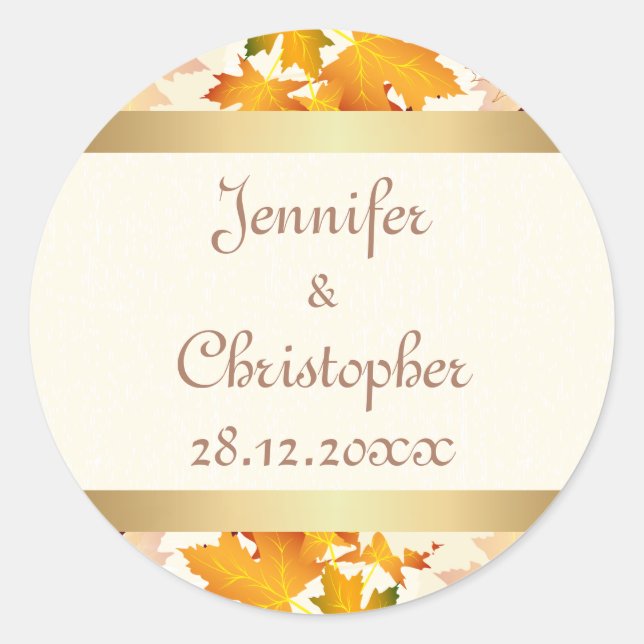 Goldene Herbstleaves Hochzeit Runder Aufkleber (Vorderseite)