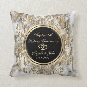 Goldene Herz-Swirbel-Marmor 50. Hochzeitstag Kissen