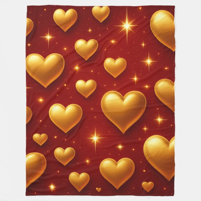 Goldene Herzen auf Rot mit Sternen Fleecedecke (Vorderseite)