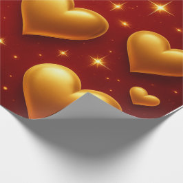 Goldene Herzen auf Rot mit Sternen Geschenkpapier
