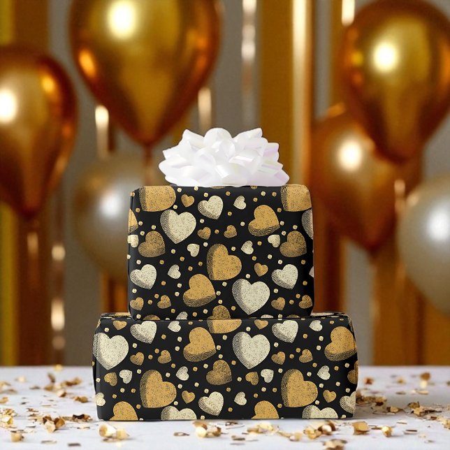 Goldene Herzen, elegantes Schwarz, Luxe Feier Geschenkpapier (Luxe gold hearts on black glam gift wrap for birthdays, weddings, and special celebrations.)