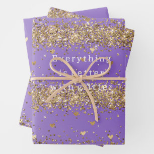 Goldene Herzen funkeln lila Glitter-Geburtstag Geschenkpapier Set