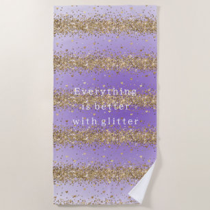 Goldene Herzen funkeln violetter Glitter-Zitat Strandtuch