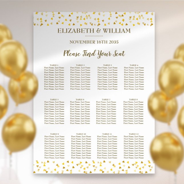 Goldene Herzen Hochzeitstabelle Poster (Golden Hearts Wedding Seating Chart)