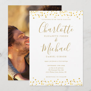 Goldene Herzen Konfetti Elegante Schrift Foto-Hoch Einladung