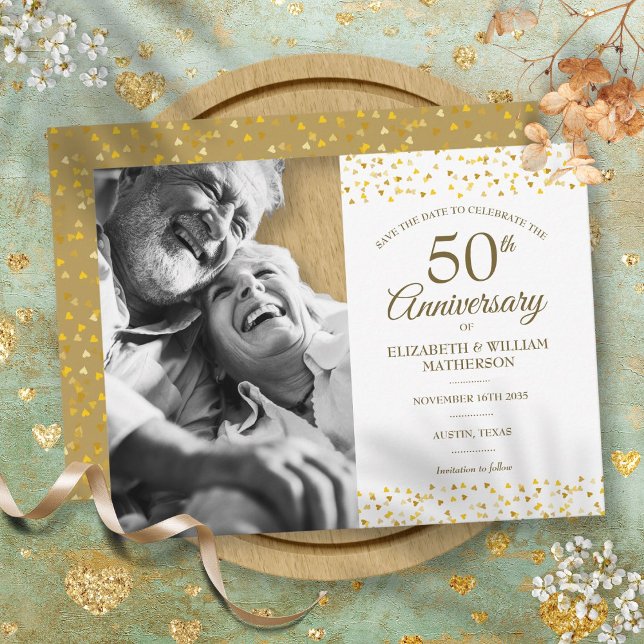 Goldene Herzen Save the Date Foto zum 50. Jahresta Ankündigungspostkarte (50th Anniversary Golden Hearts Save the Date Photo Announcement Postcard)