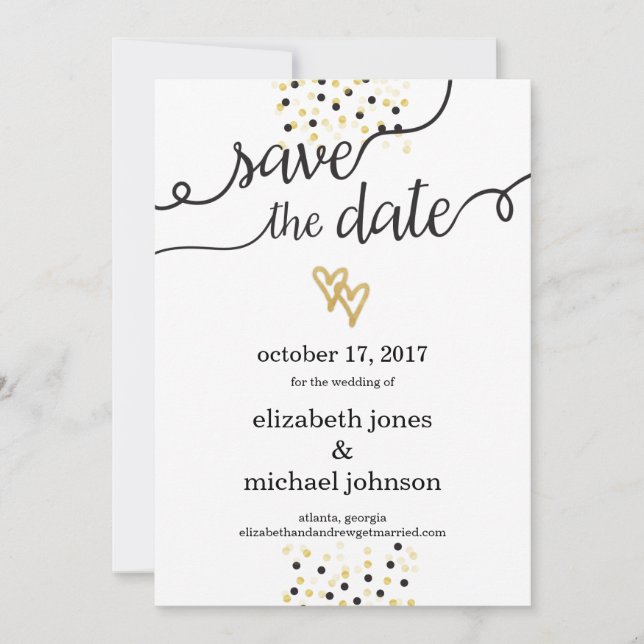 Goldene Herzen und Confetti Save the Date (Vorderseite)