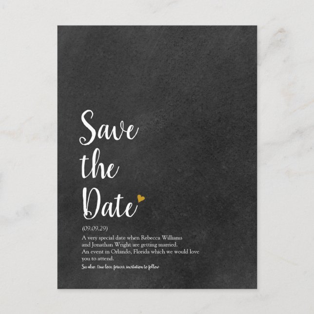 Goldene Herzschrift Save the Date Definition Postkarte (Vorderseite)